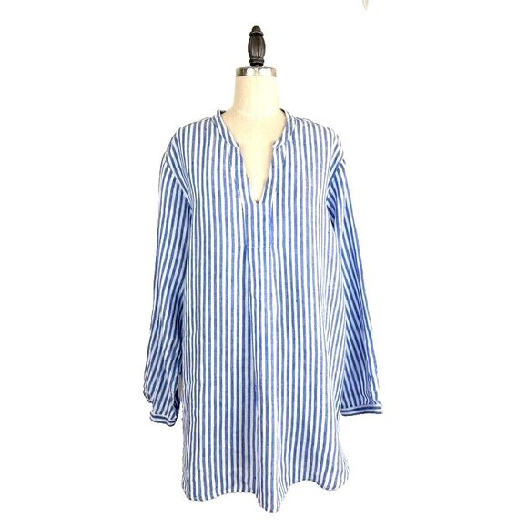 L.L. Bean Tops - L.L. Bean Womens Size XL 100% Linen Blue Stripe Shirt Tunic Round Collar Preppy